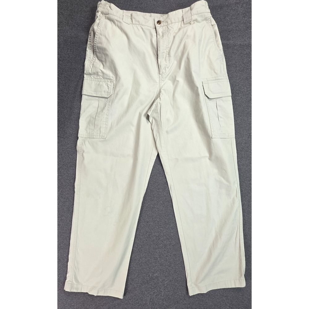 LL Bean Cargo Pants Mens 36x30 Beige Twill 100% Cotton Elastic Waistband #191819
